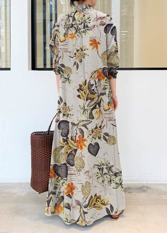 Casual Beige Oversized Print Cotton Shirt Ankle Dress Spring
