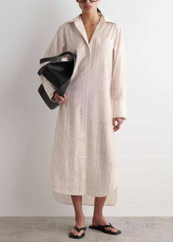 Casual Beige Oversized Print Side Open Long Shirt Dresses Spring