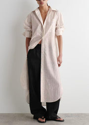 Casual Beige Oversized Print Side Open Long Shirt Dresses Spring