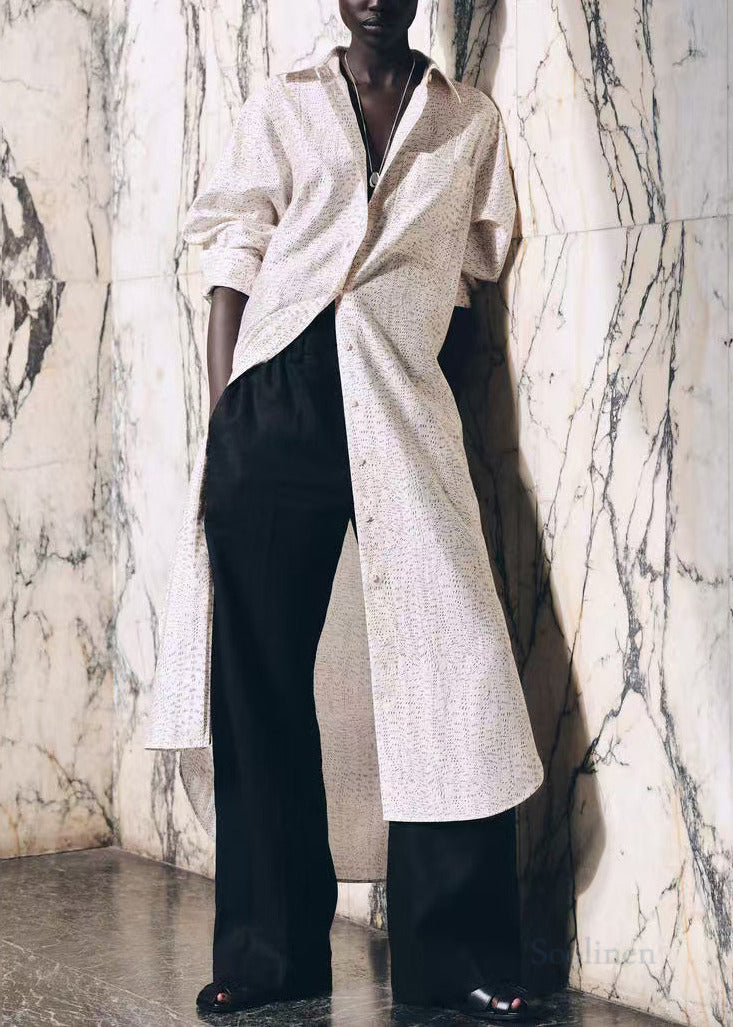 Casual Beige Oversized Print Side Open Long Shirt Dresses Spring