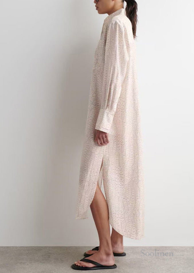 Casual Beige Oversized Print Side Open Long Shirt Dresses Spring