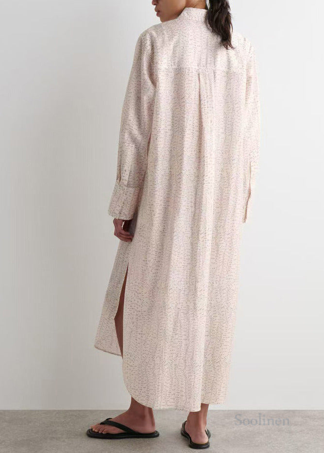 Casual Beige Oversized Print Side Open Long Shirt Dresses Spring