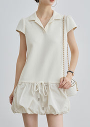 Casual Beige Peter Pan Collar Lace Up Cotton T Shirts Dress Summer