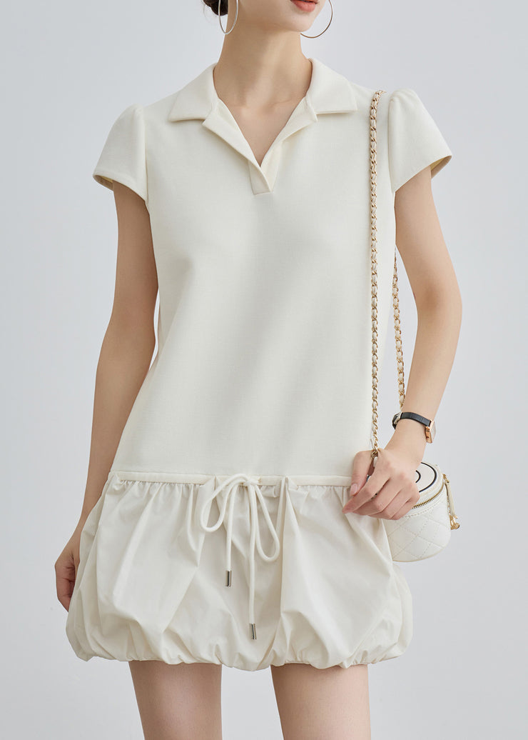 Casual Beige Peter Pan Collar Lace Up Cotton T Shirts Dress Summer