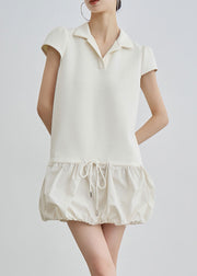 Casual Beige Peter Pan Collar Lace Up Cotton T Shirts Dress Summer