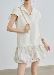 Casual Beige Peter Pan Collar Lace Up Cotton T Shirts Dress Summer