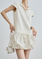Casual Beige Peter Pan Collar Lace Up Cotton T Shirts Dress Summer