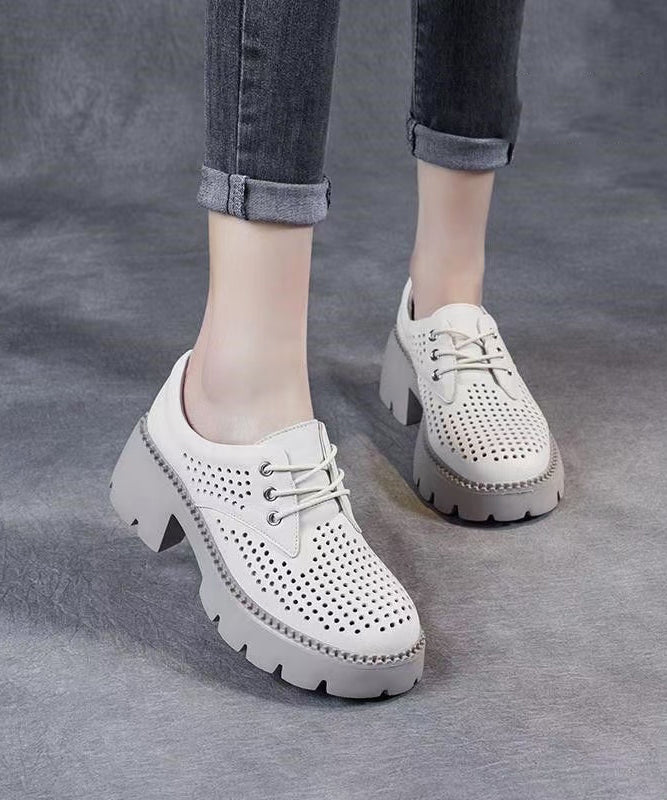 Casual Beige Splicing Chunky Heel Hollow Out Lace Up