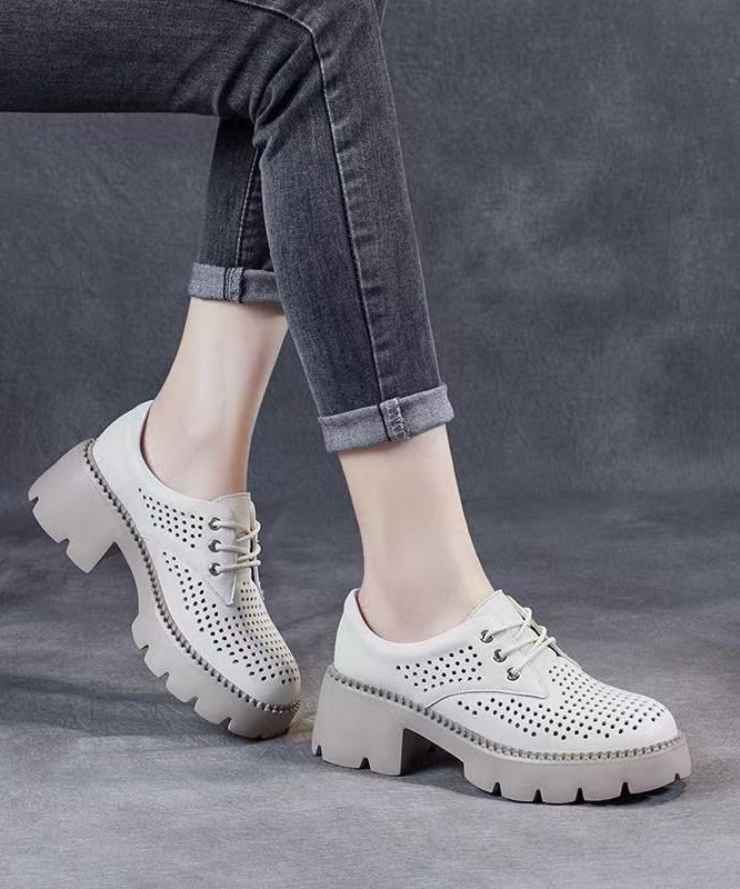 Casual Beige Splicing Chunky Heel Hollow Out Lace Up