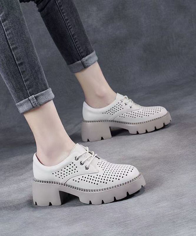 Casual Beige Splicing Chunky Heel Hollow Out Lace Up