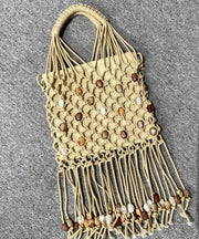 Casual Beige Tasseled Nail Bead Woven Tote Handbag