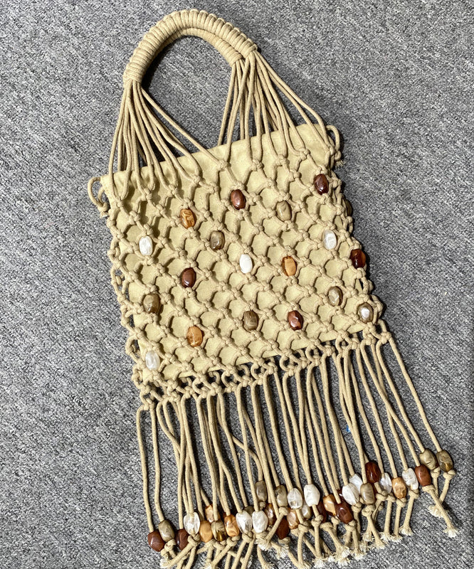 Casual Beige Tasseled Nail Bead Woven Tote Handbag