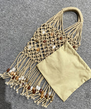 Casual Beige Tasseled Nail Bead Woven Tote Handbag
