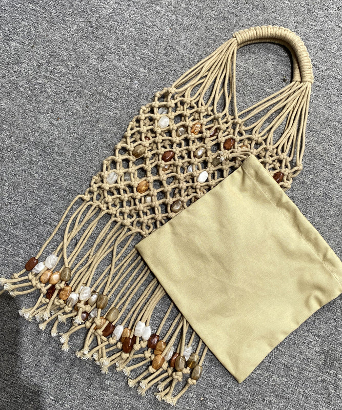 Casual Beige Tasseled Nail Bead Woven Tote Handbag