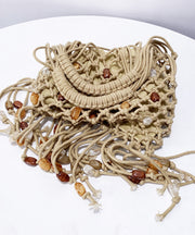 Casual Beige Tasseled Nail Bead Woven Tote Handbag