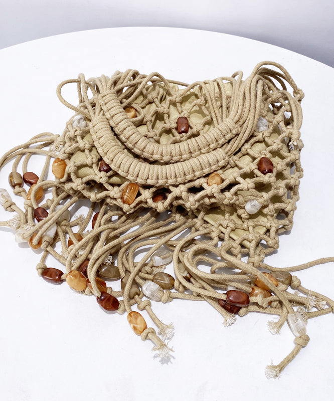 Casual Beige Tasseled Nail Bead Woven Tote Handbag