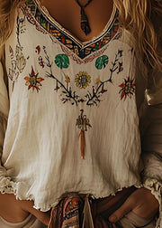 Casual Beige V Neck Print Cotton Top Long Sleeve