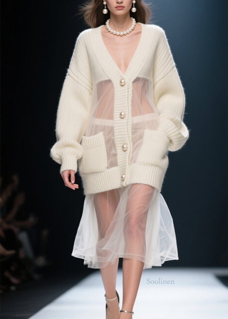Casual Beige V Neck Tulle Patchwork Knit Cardigans Fall