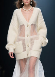 Casual Beige V Neck Tulle Patchwork Knit Cardigans Fall