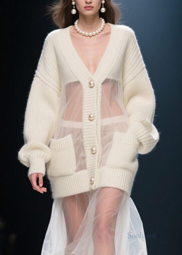Casual Beige V Neck Tulle Patchwork Knit Cardigans Fall
