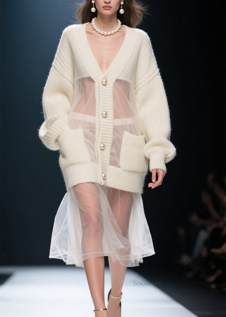 Casual Beige V Neck Tulle Patchwork Knit Cardigans Fall