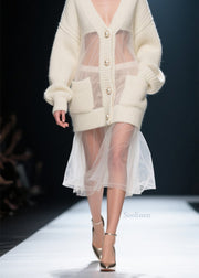 Casual Beige V Neck Tulle Patchwork Knit Cardigans Fall