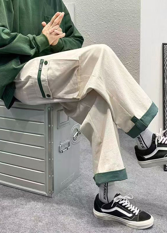 Casual Beige Zip Up Pockets Patchwork Cotton Men Crop Pants Summer
