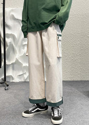 Casual Beige Zip Up Pockets Patchwork Cotton Men Crop Pants Summer