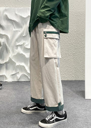 Casual Beige Zip Up Pockets Patchwork Cotton Men Crop Pants Summer