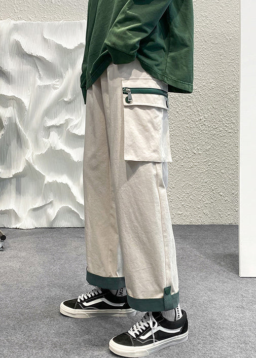 Casual Beige Zip Up Pockets Patchwork Cotton Men Crop Pants Summer
