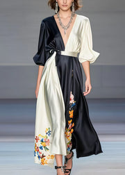 Casual Black Asymmetrical Patchwork Print Silk Dress Spring