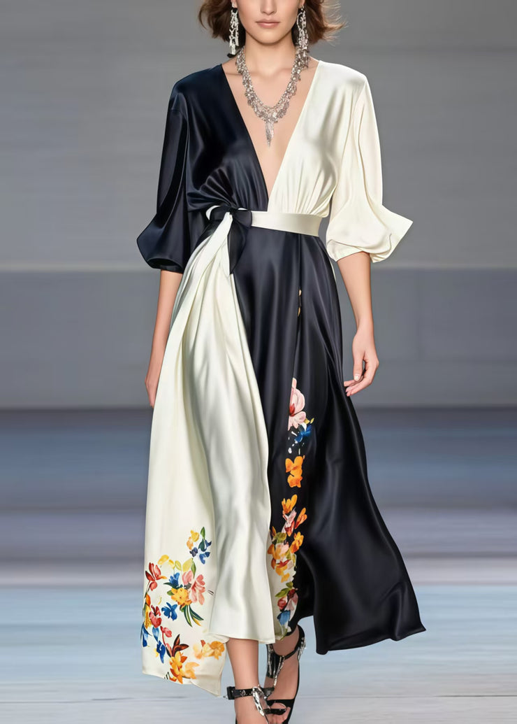 Casual Black Asymmetrical Patchwork Print Silk Dress Spring