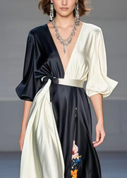 Casual Black Asymmetrical Patchwork Print Silk Dress Spring