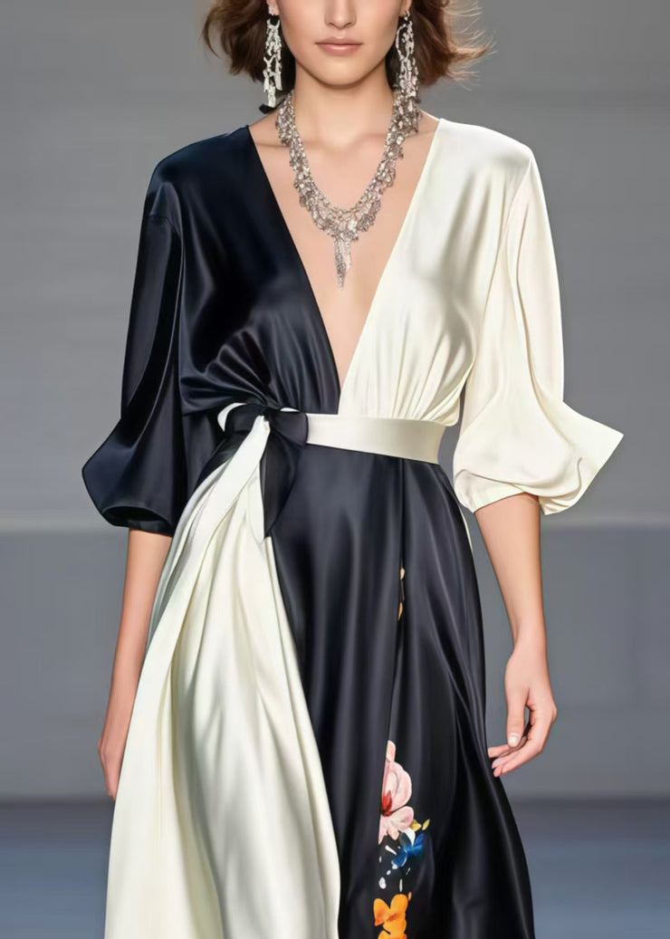 Casual Black Asymmetrical Patchwork Print Silk Dress Spring