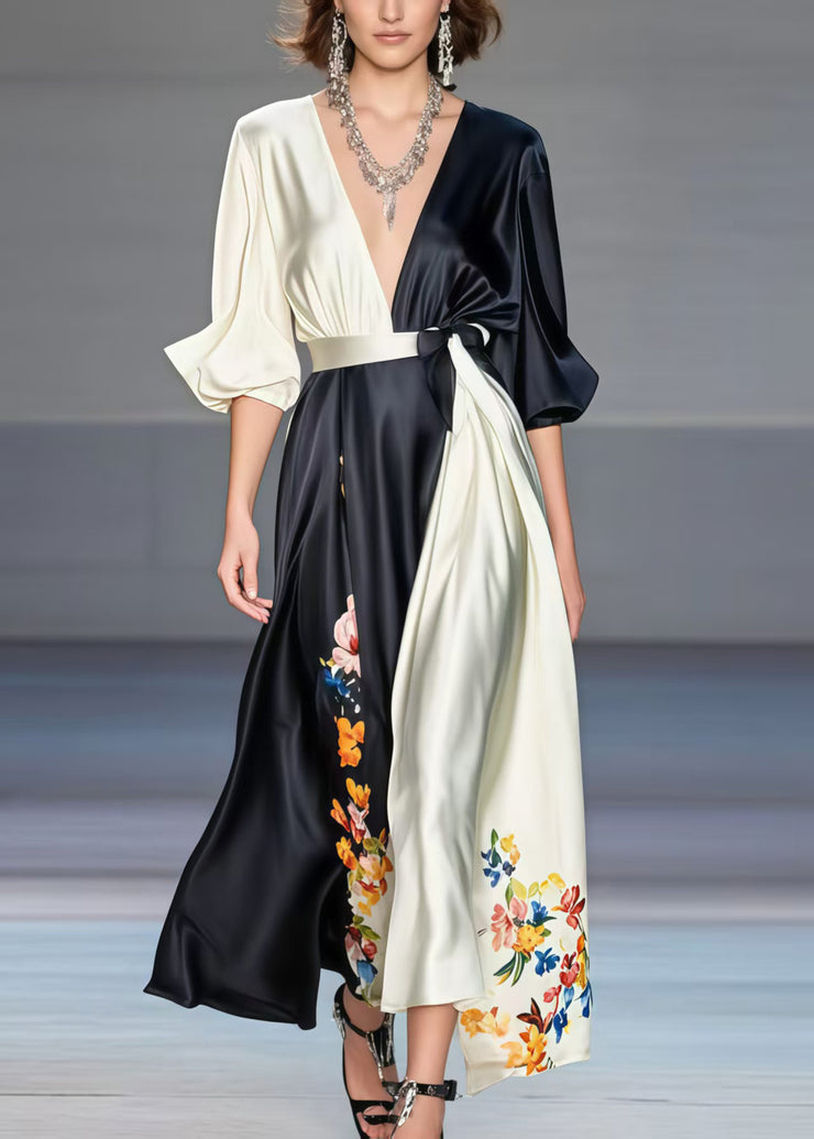 Casual Black Asymmetrical Patchwork Print Silk Dress Spring