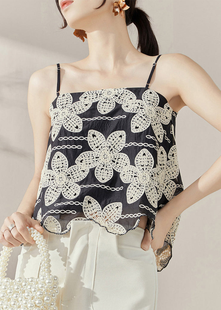 Casual Black Backless Embroideried Tanks Sleeveless
