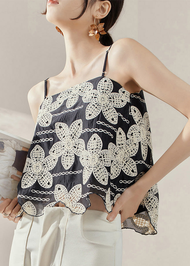 Casual Black Backless Embroideried Tanks Sleeveless