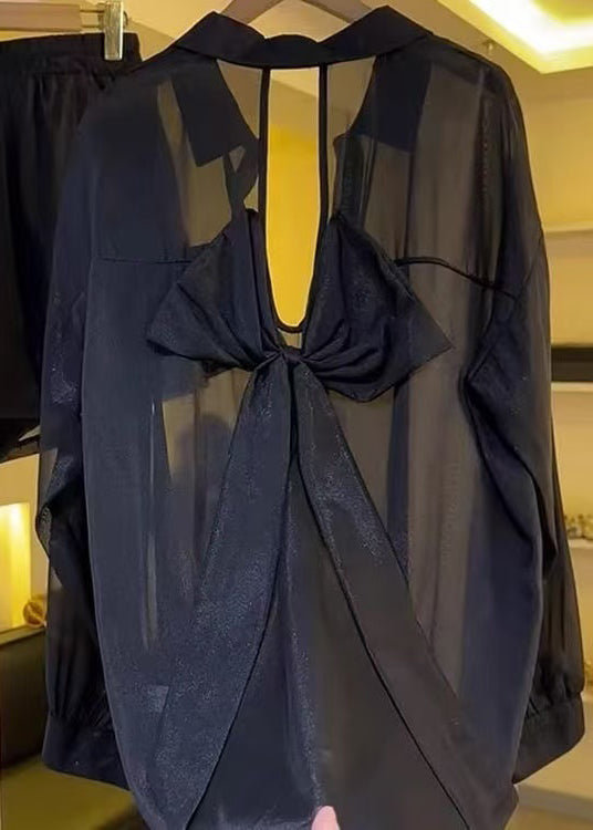 Casual Black Bow Backless Chiffon Sheer Blouses Summer