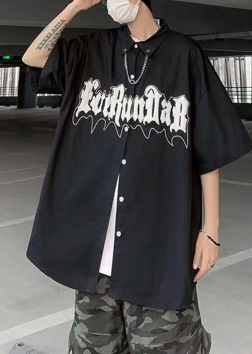 Casual Black Chain Linked Letter Jacquard Cotton Graphic Tees Men Summer