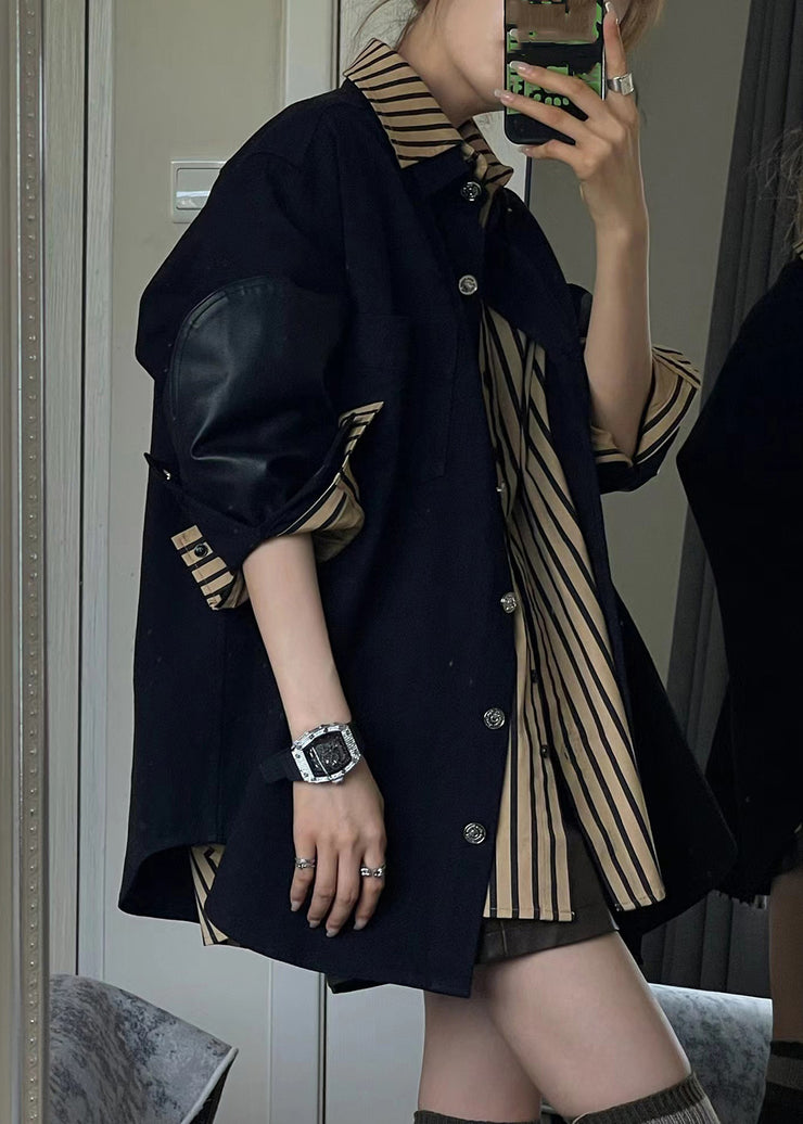 Casual Black Coats And Striped Shirts Two Piece Set Spring