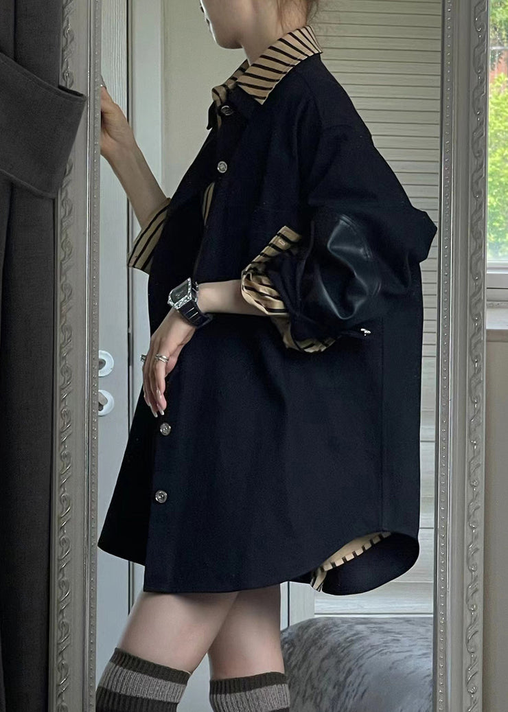Casual Black Coats And Striped Shirts Two Piece Set Spring