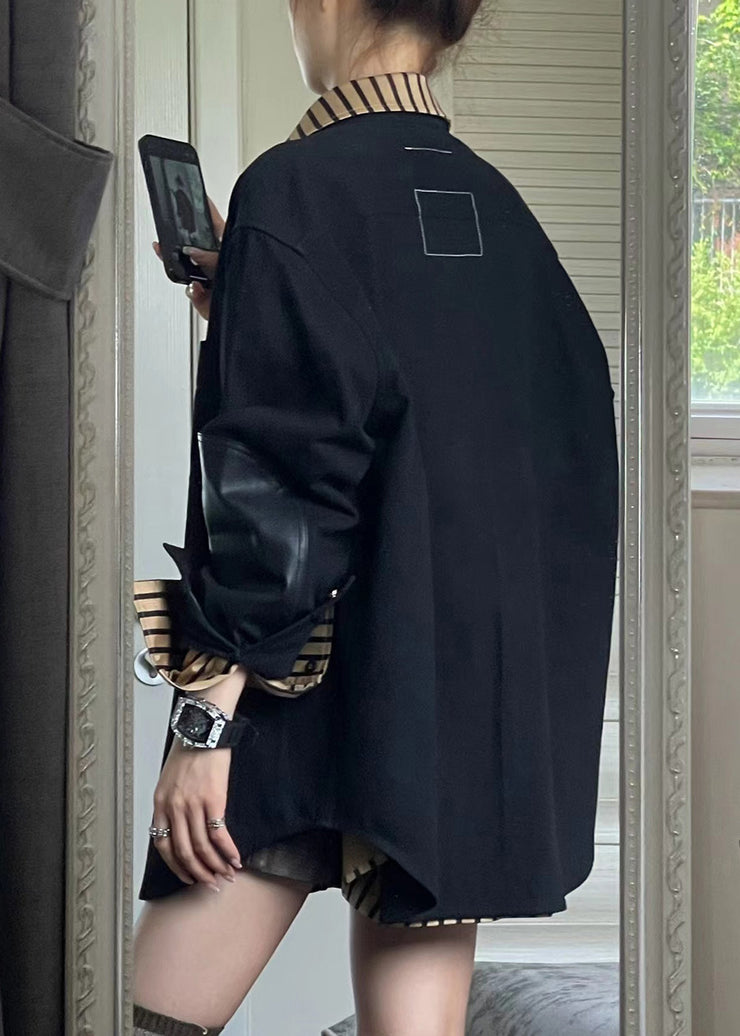 Casual Black Coats And Striped Shirts Two Piece Set Spring