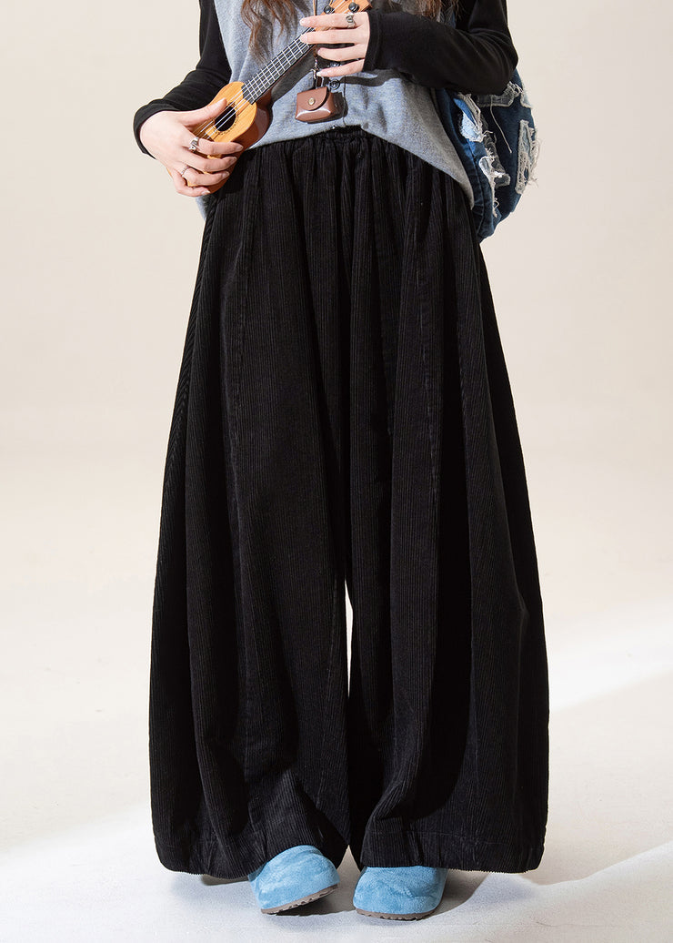 Casual Black Elastic Waist Corduroy Wide Leg Pants Fall