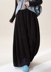 Casual Black Elastic Waist Corduroy Wide Leg Pants Fall