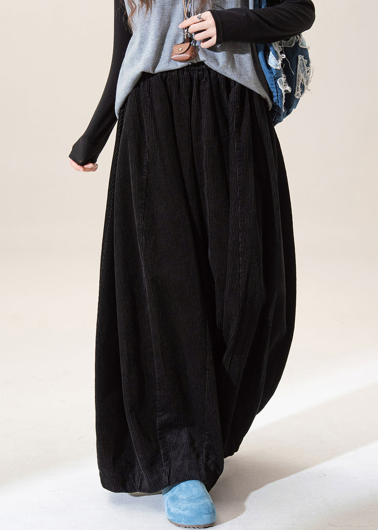 Casual Black Elastic Waist Corduroy Wide Leg Pants Fall