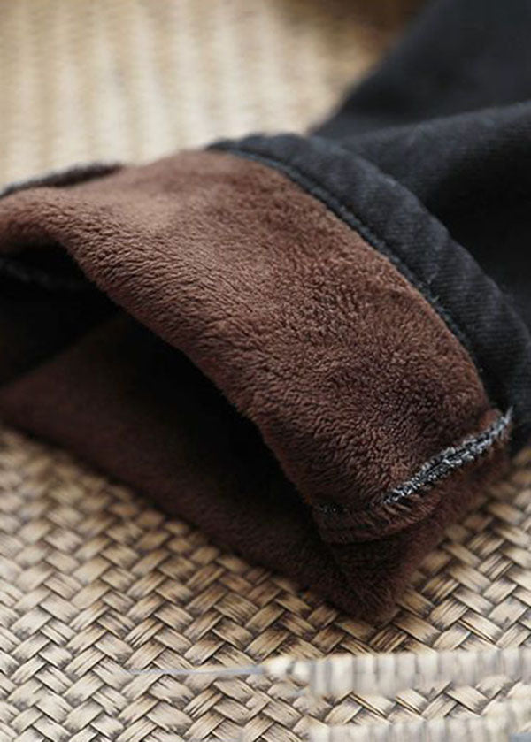 Casual Black Elastic Waist Pockets Warm Fleece Denim Harem Pants Winter