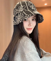 Casual Black Floral Embroidered Bucket Hat