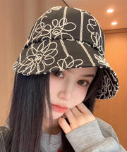 Casual Black Floral Embroidered Bucket Hat