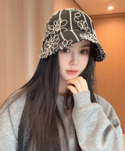 Casual Black Floral Embroidered Bucket Hat