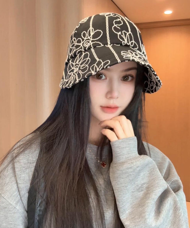 Casual Black Floral Embroidered Bucket Hat